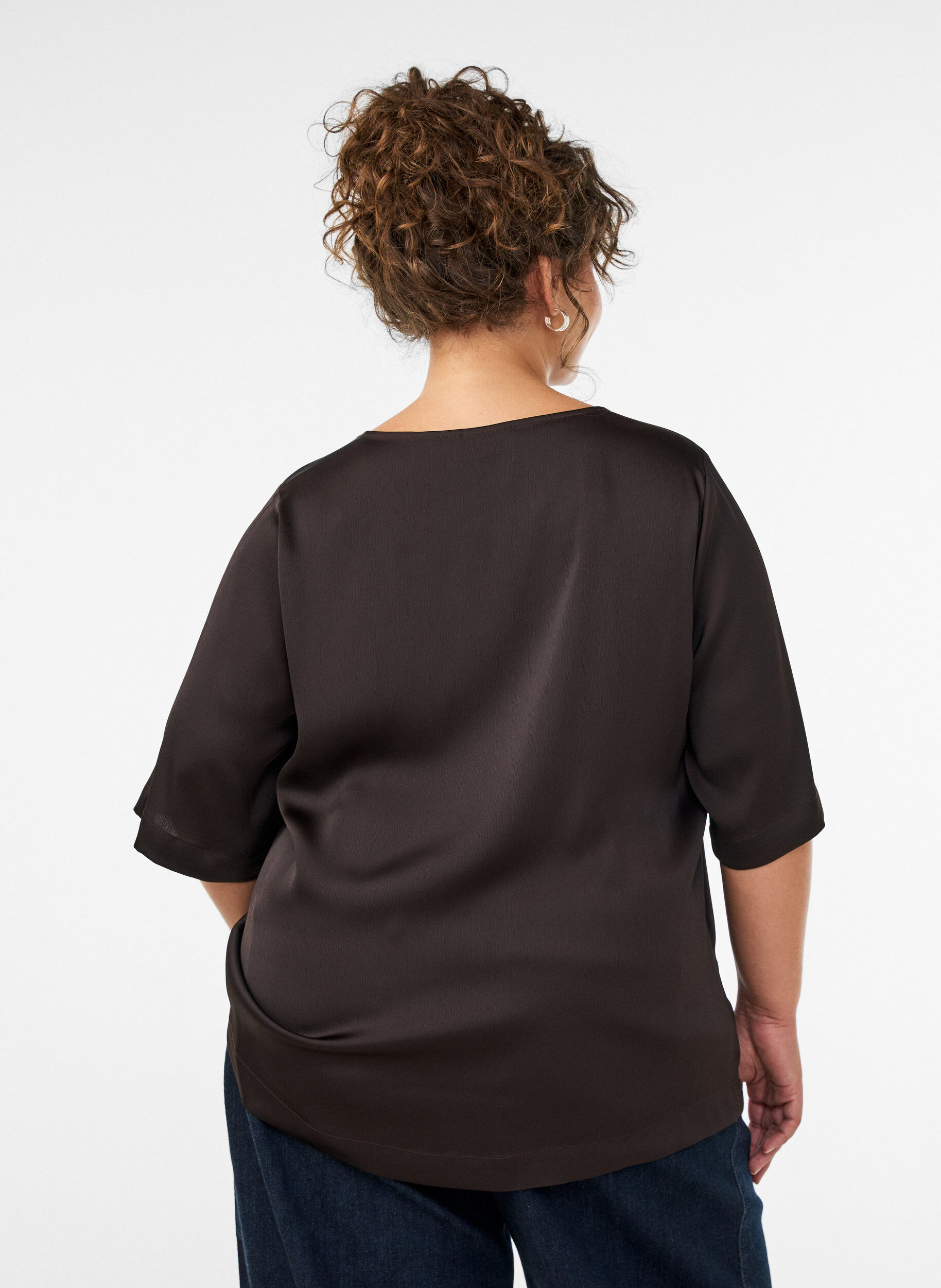 ZizziBlouse en satin &agrave; manches au coude, Marron, Model image number 2