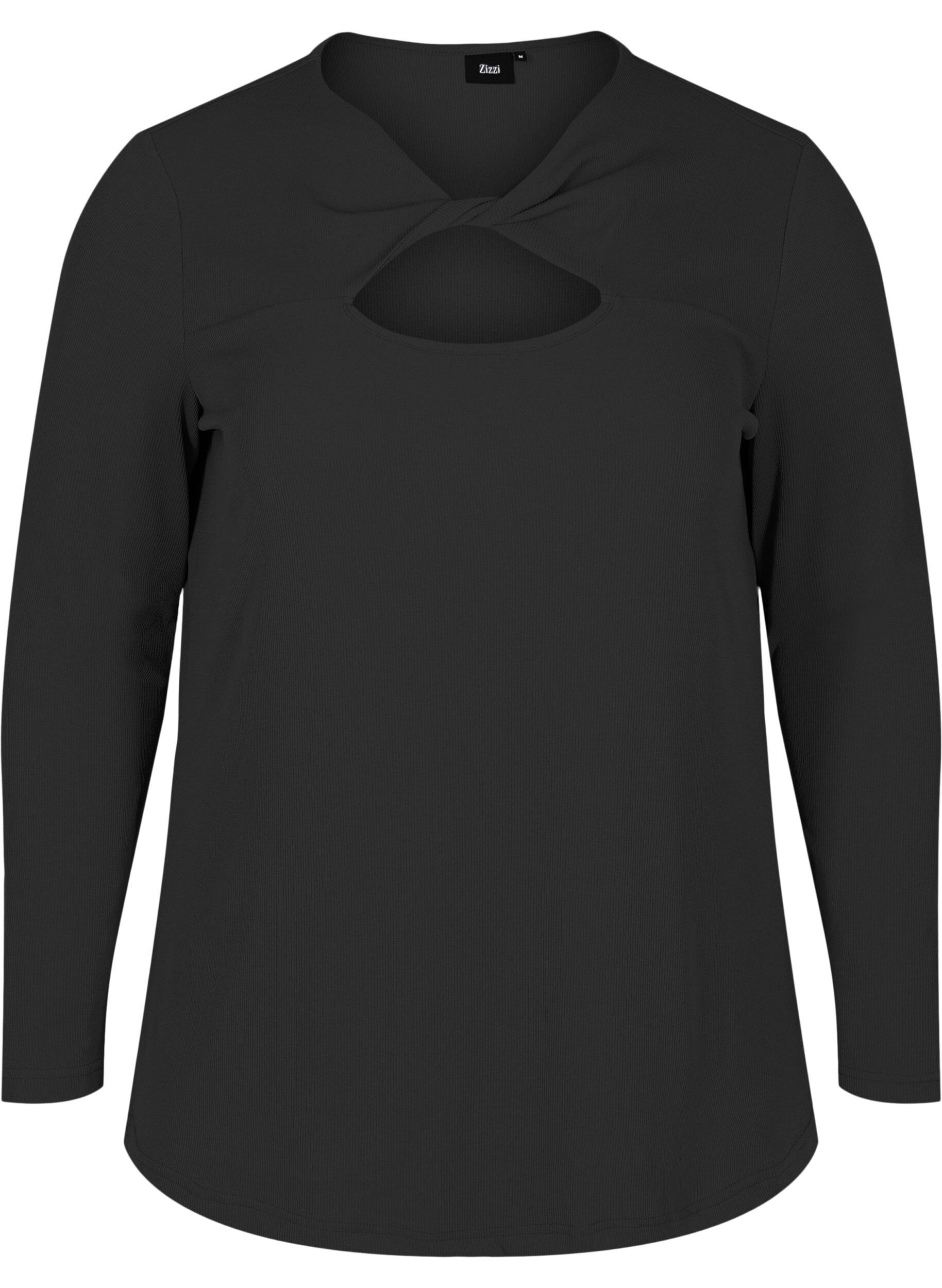 Zizzi Blouse avec d&eacute;tail d&eacute;coupe et manches longues, Black, Packshot image number 0
