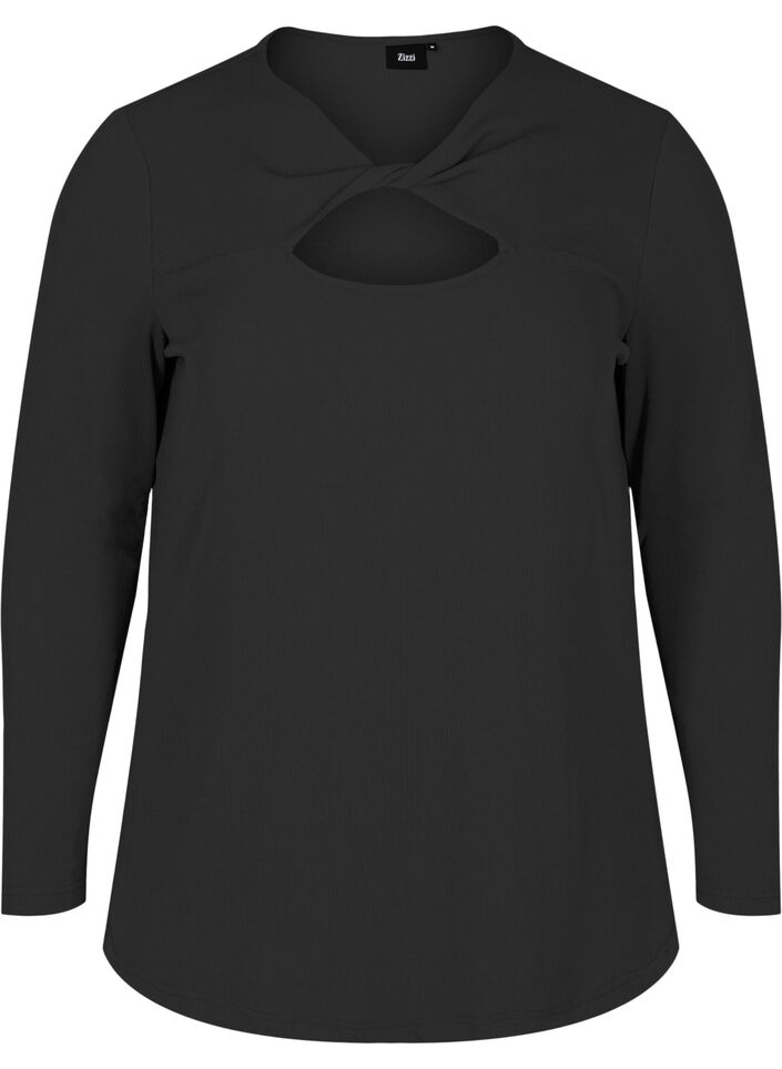 Blouse avec détail découpe et manches longues, Black, Packshot image number 0