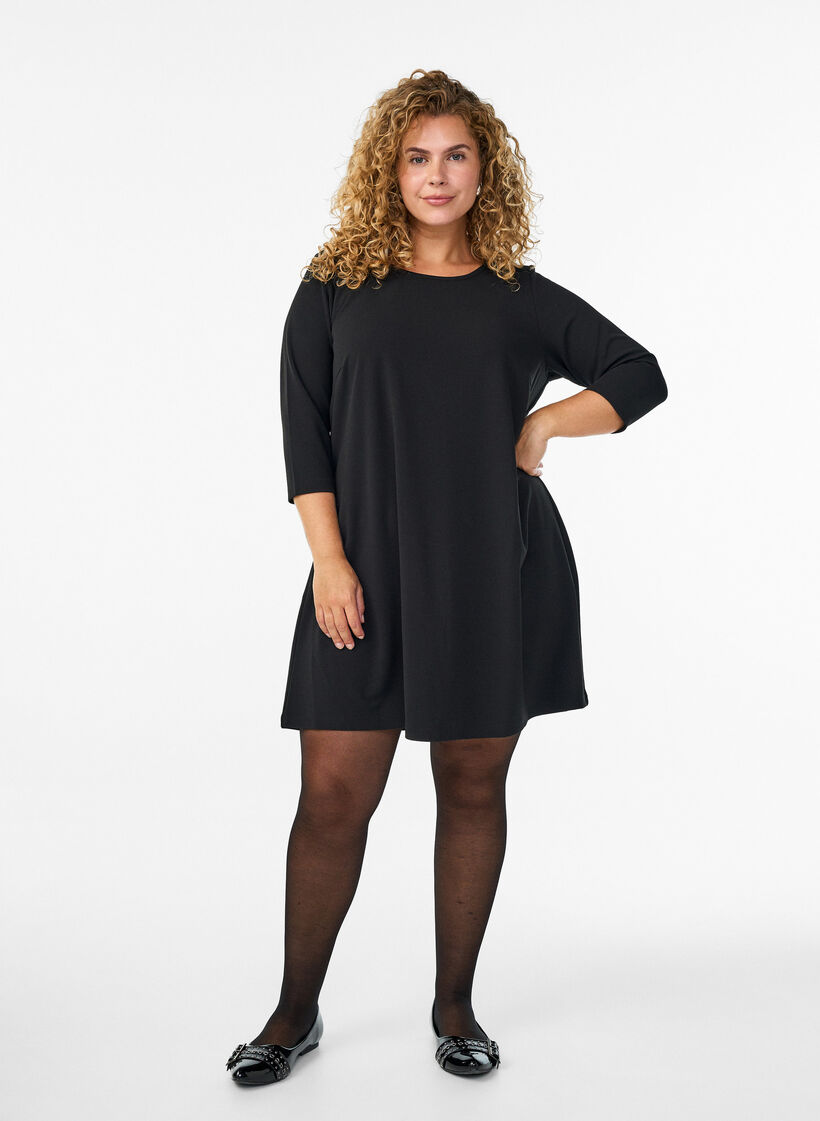 Robe courte &eacute;vas&eacute;e &agrave; manches 3/4, Noir, Model image number 1