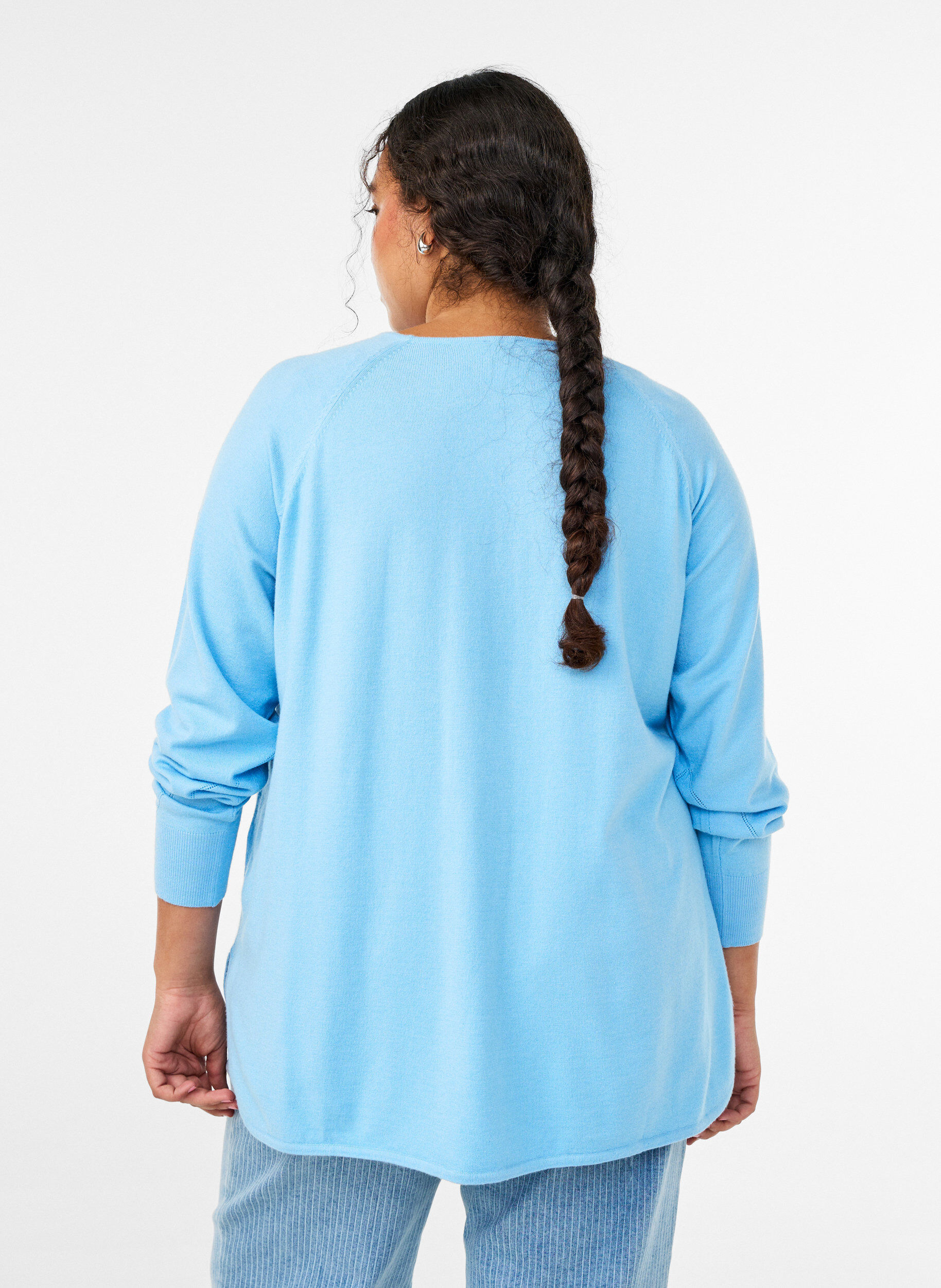 ZizziBlouse en maille &agrave; col rond et motif tricot&eacute;, Bleu Clair, Model image number 2