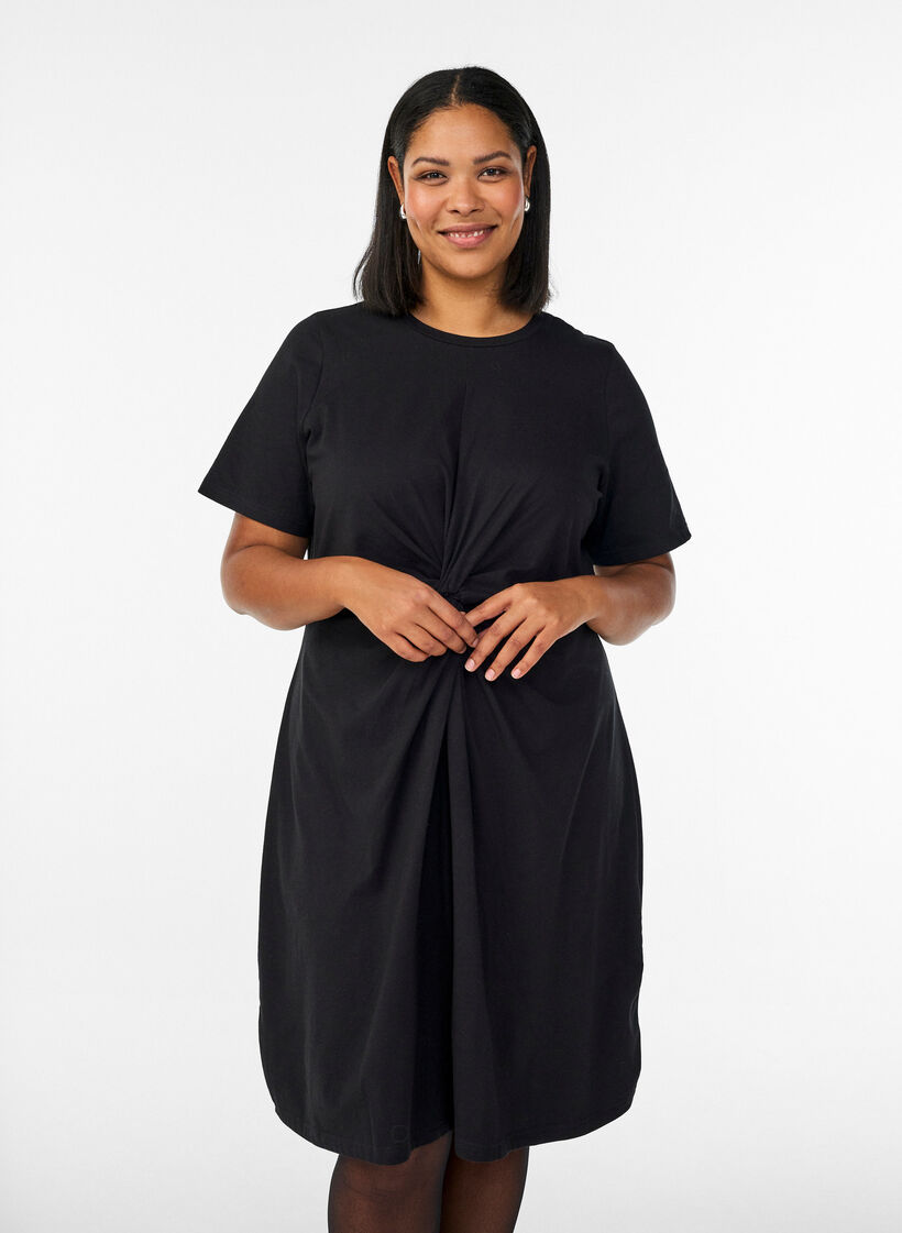 Robe en coton avec d&eacute;tail torsad&eacute;, Noir, Model image number 0