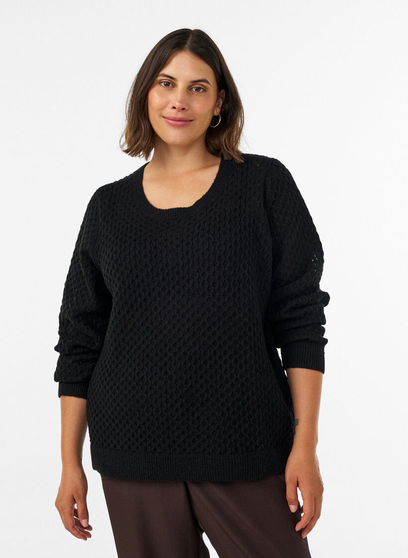 Blouse en maille avec motif ajour&eacute; textur&eacute;, Noir, Model image number 0