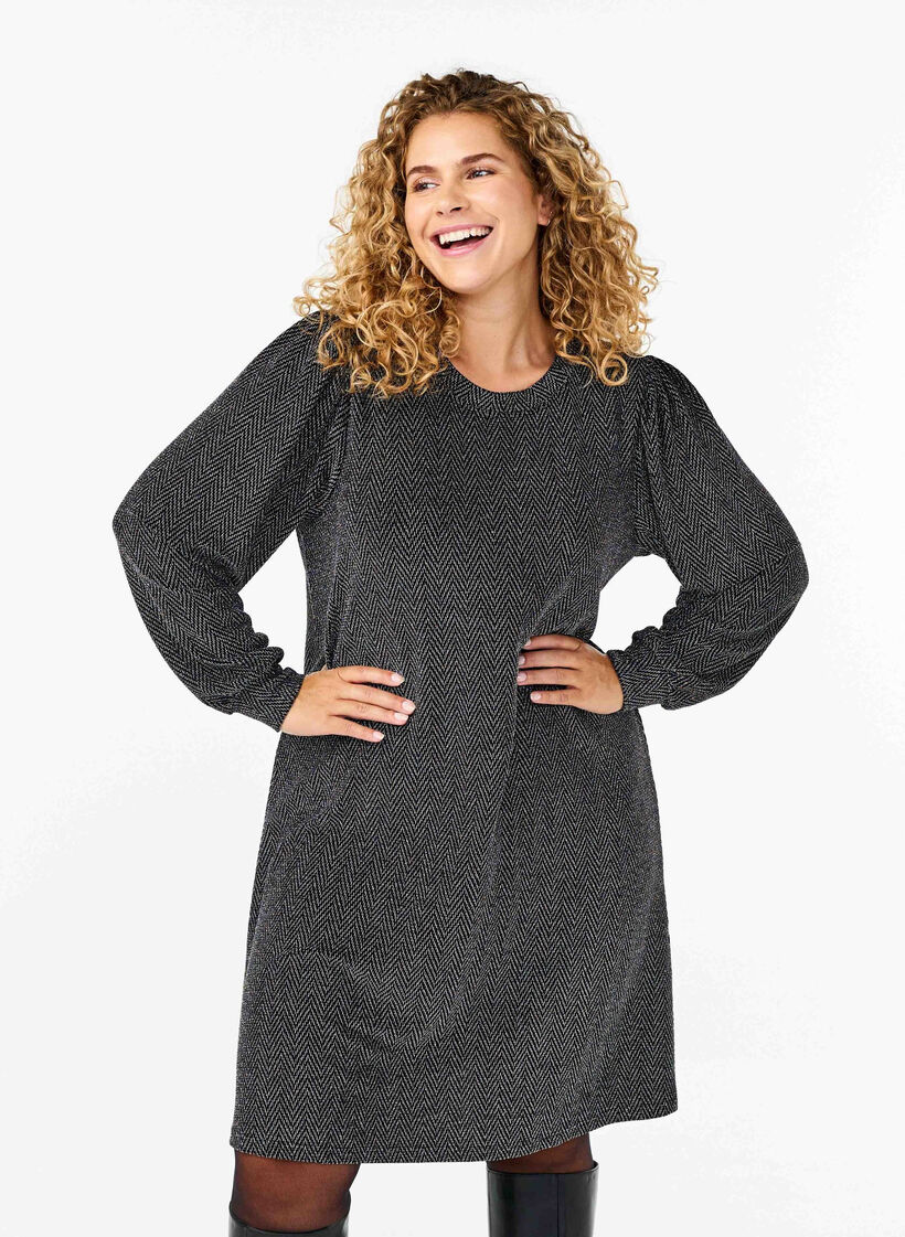 Robe avec un motif en zigzag et des paillettes, Silver ZigZagShimmer, Model image number 0