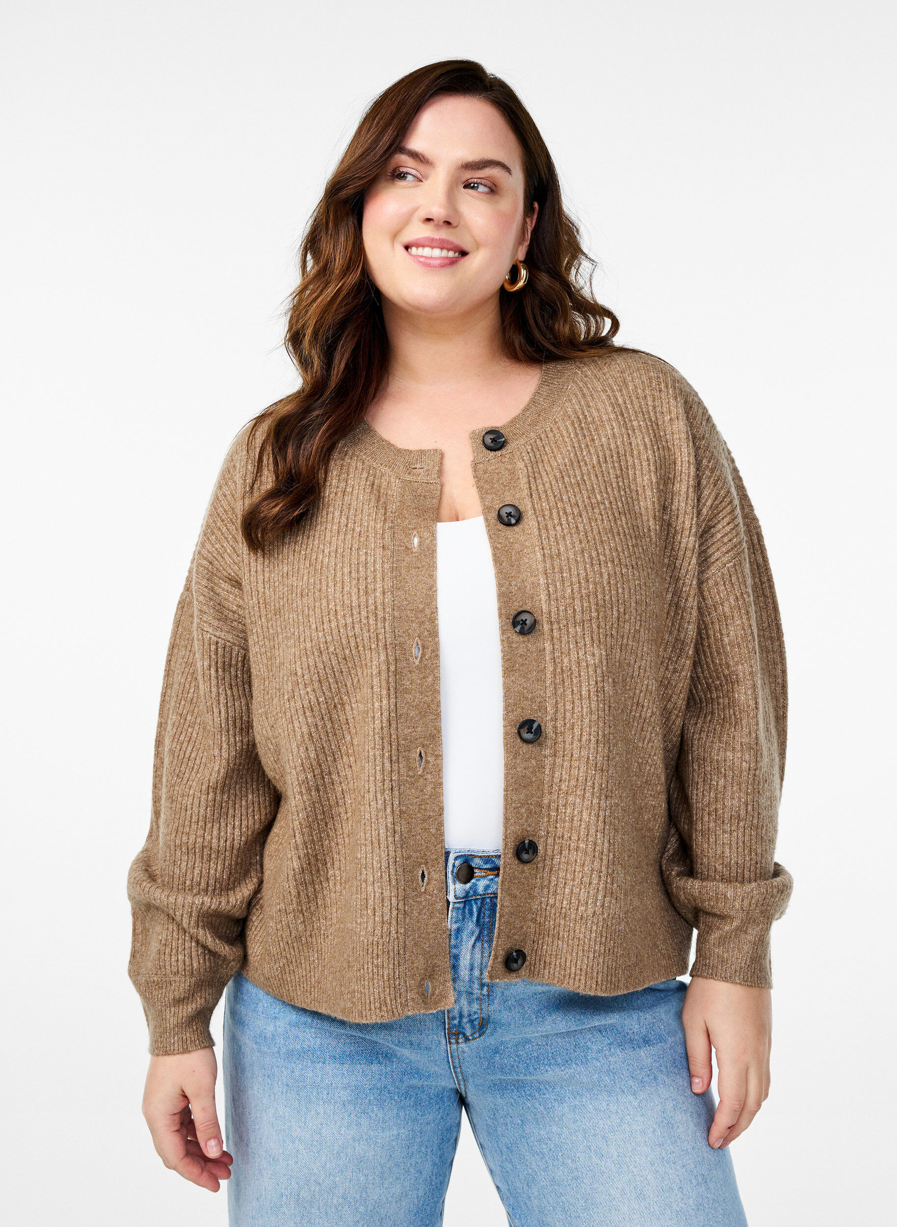 Cardigan en tricot c&ocirc;tel&eacute; avec boutons, Marron, Model