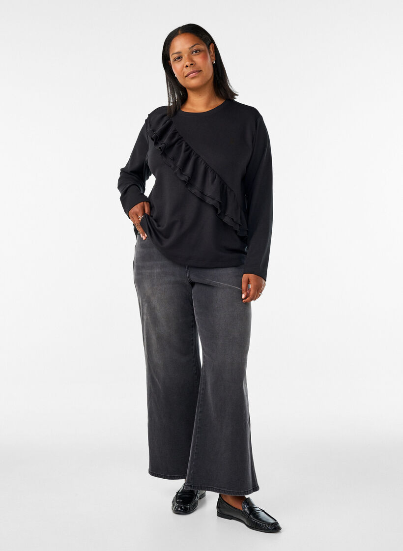 Blouse en jersey avec un volant en diagonale, Noir, Model image number 1