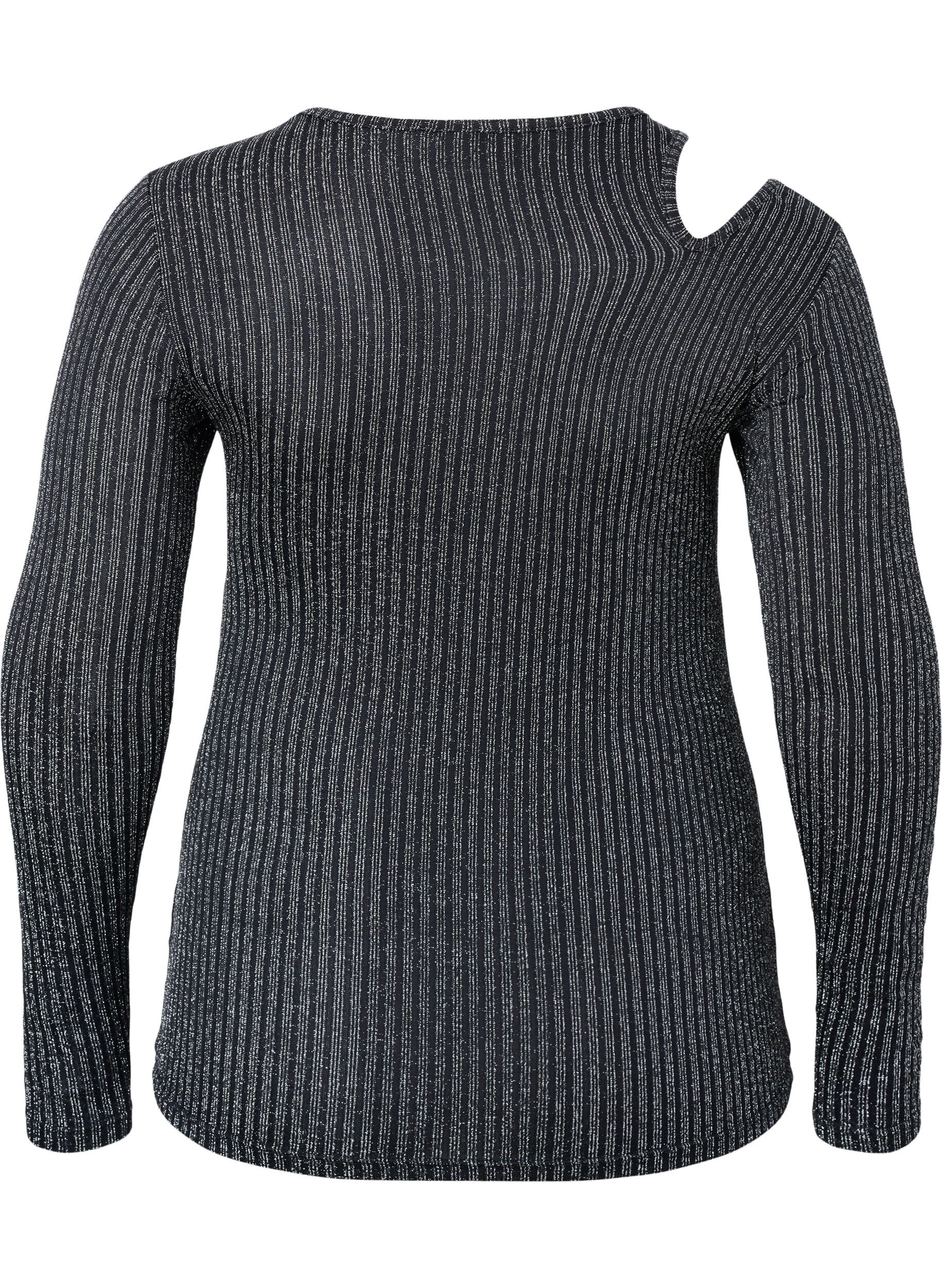 Zizzi Blouse &agrave; manches longues avec d&eacute;coupe et paillettes, B. w. Silver Stripes, Packshot image number 1