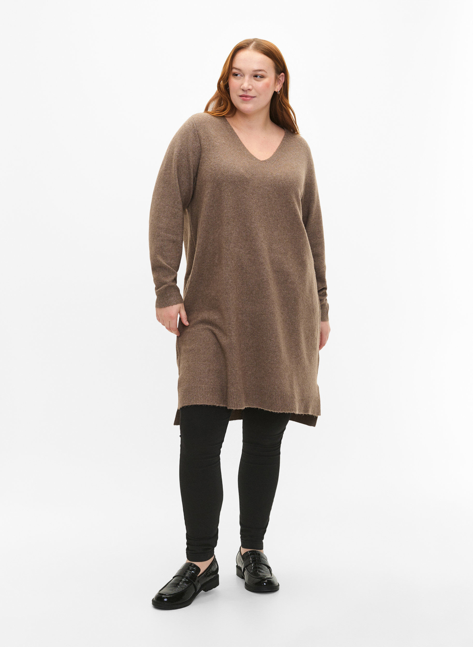Zizzi Robe en tricot avec fente, Walnut/White, Model image number 2