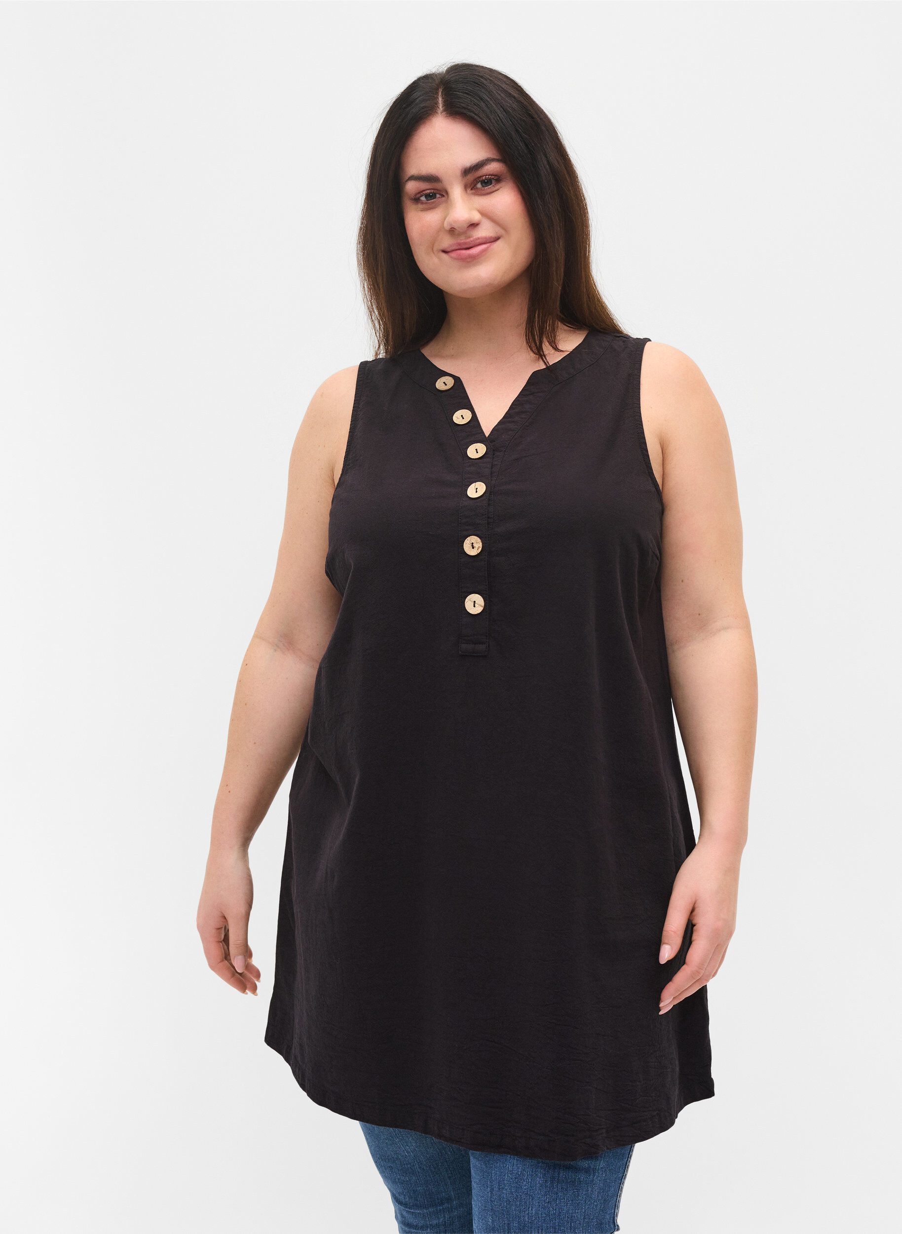 Zizzi Tunique sans manches en coton avec boutons, Black, Model image number 0