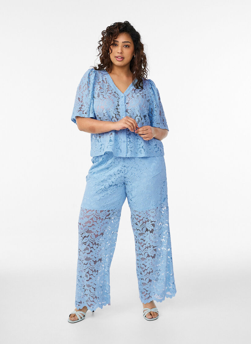 Pantalon taille haute en dentelle &agrave; coupe droite, Bleu, Model image number 0