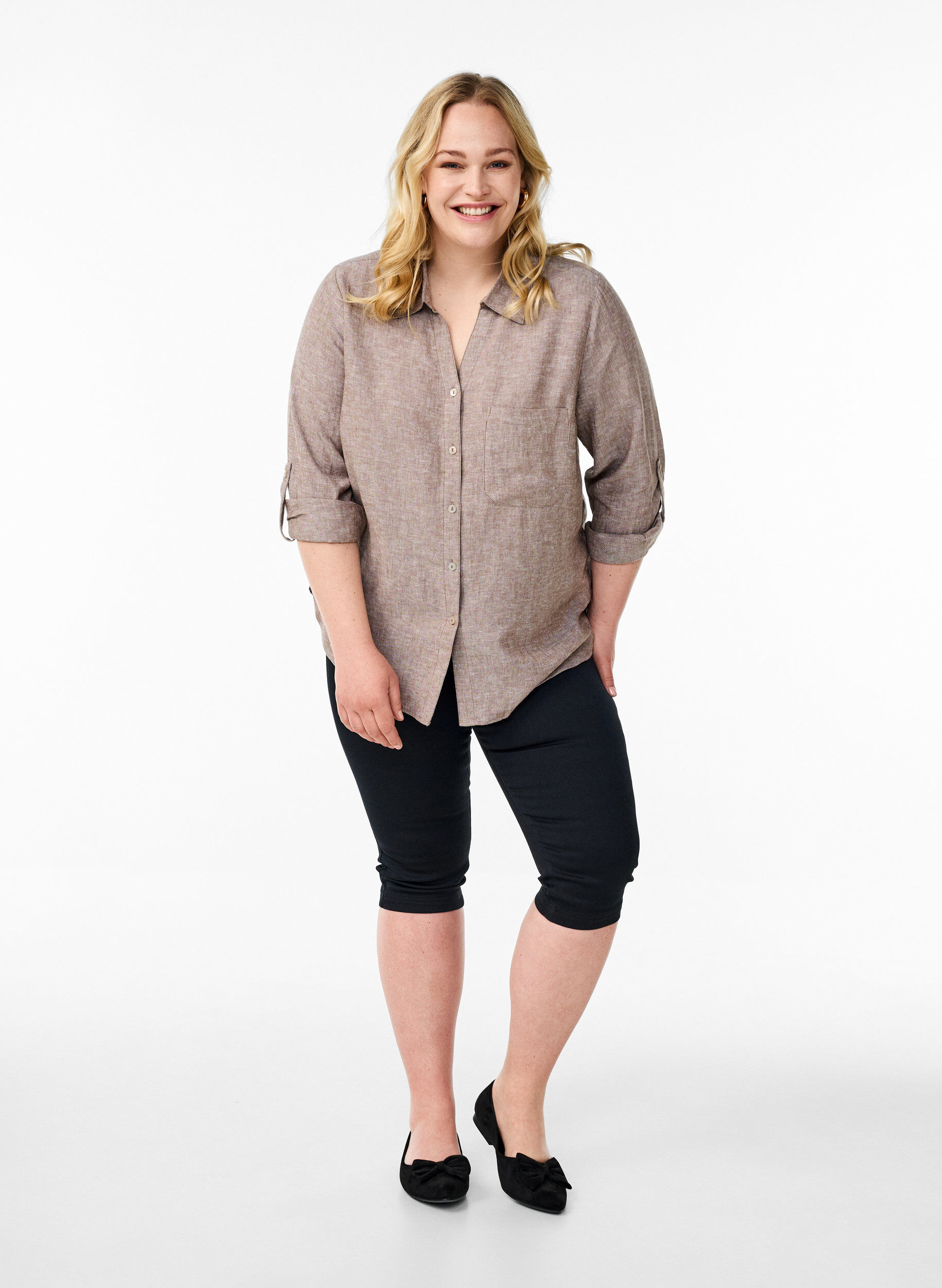 ZizziChemise en lin et viscose avec manches 3/4, Marron, Model image number 1