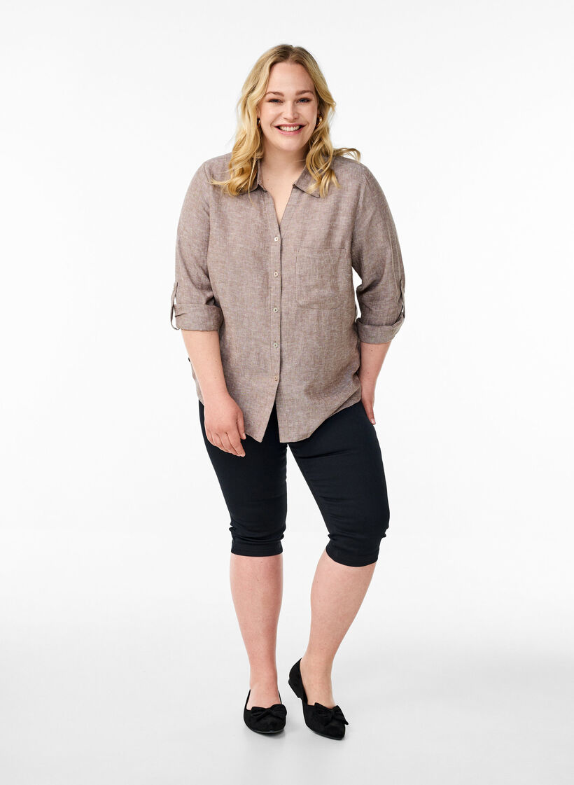 Chemise en lin et viscose avec manches 3/4, Marron, Model image number 1
