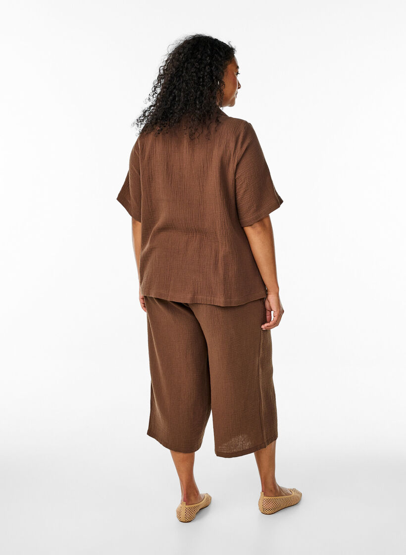 Pantalon culotte en mousseline de coton avec taille haute, Marron, Model image number 1