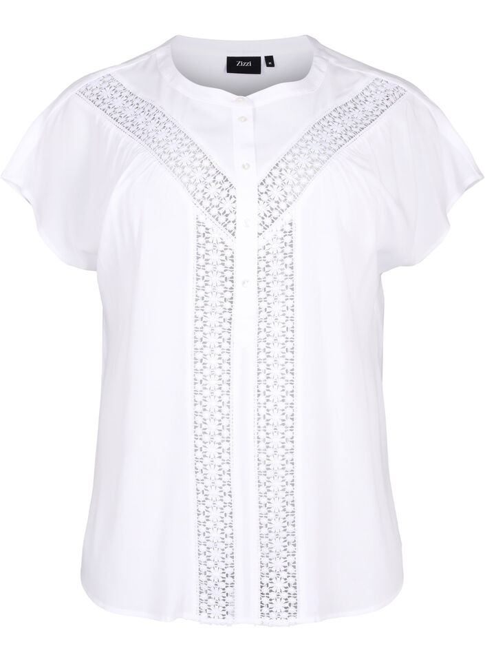 Chemisier en viscose avec bordure en dentelle, Bright White, Packshot image number 0