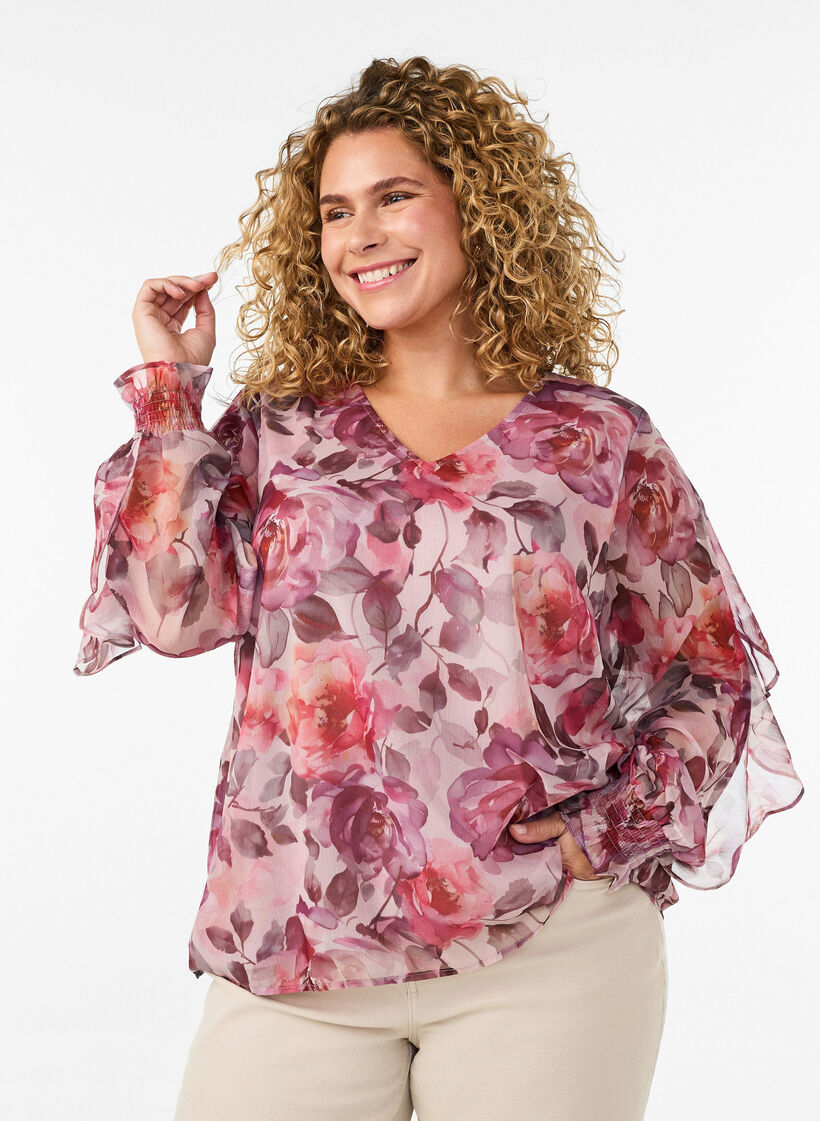 Blouse fleurie avec col en V et manches &agrave; volants, Rose, Model