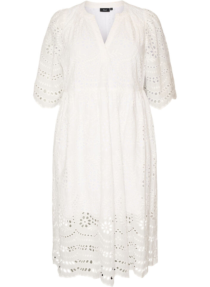 Robe midi en broderie anglaise &agrave; taille empire, Blanc, Packshot image number 0