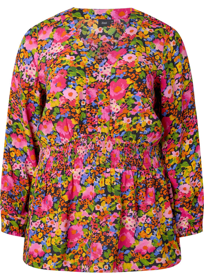 Blouse en viscose à imprimé floral et à smocks, Neon Flower Print, Packshot image number 0