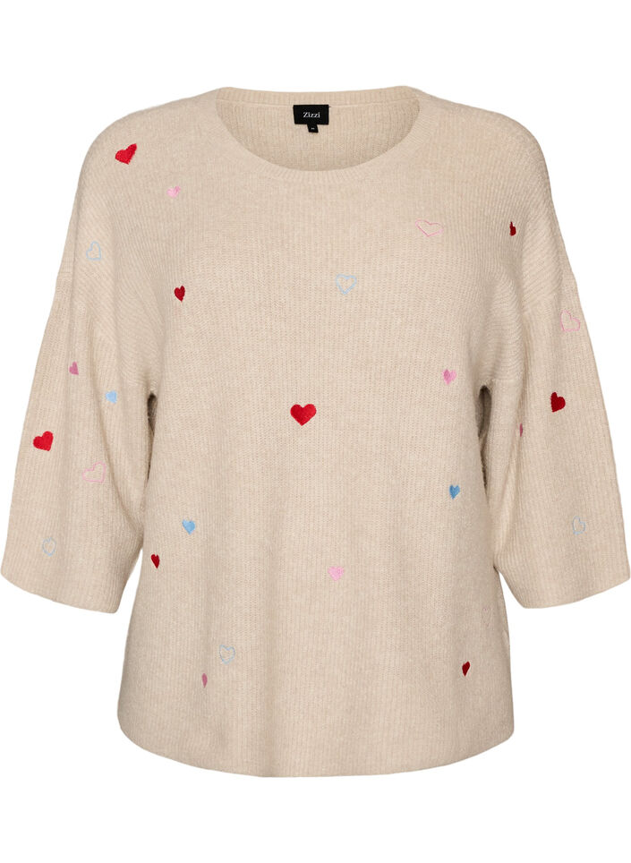 Chemisier en jersey avec des c&oelig;urs et manches 3/4, Beige, Packshot image number 0