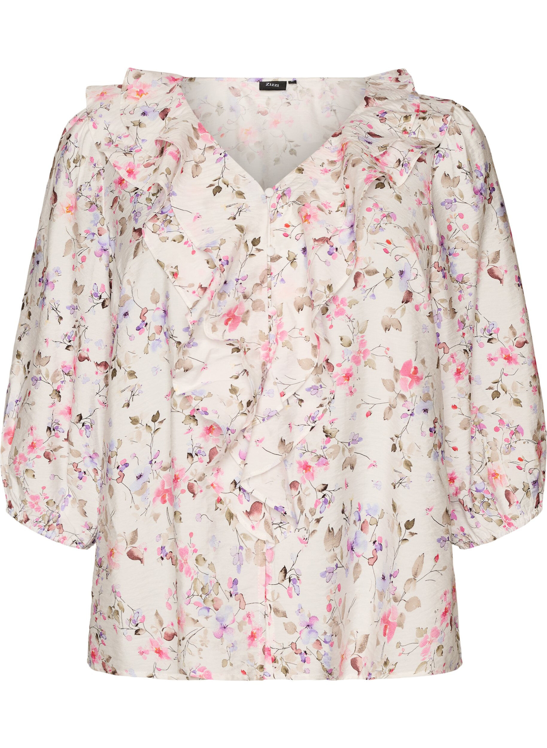 ZizziBlouse en viscose &agrave; imprim&eacute; floral et manches 3/4, Vanille, Packshot image number 0