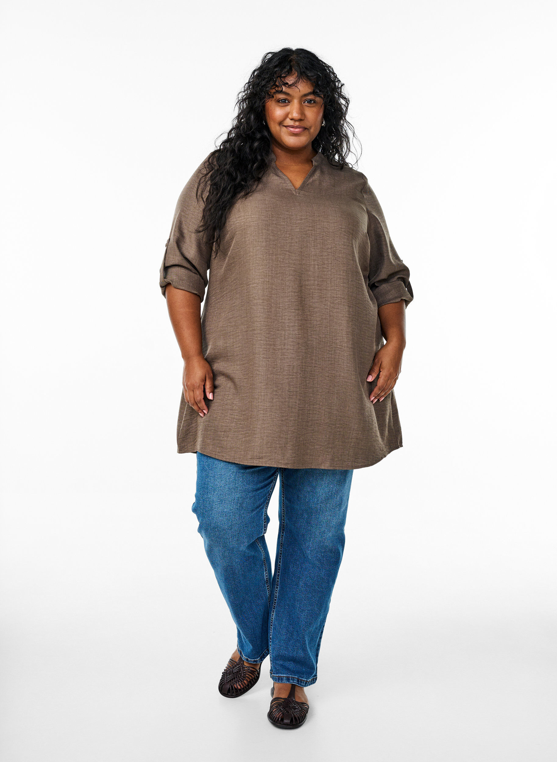 Zizzi Tunique &agrave; col rond, Marron, Model image number 1