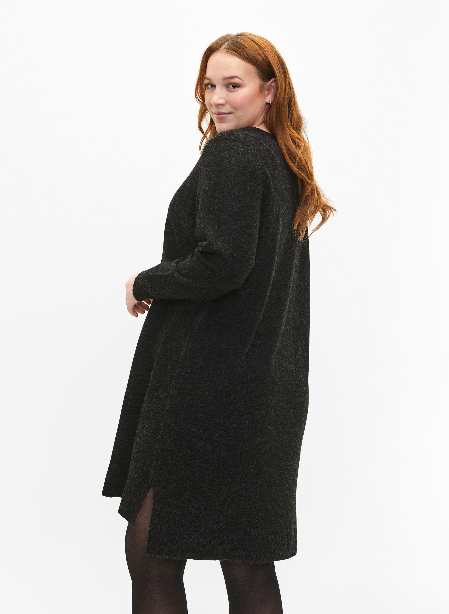 Zizzi Robe en tricot avec fente, Dark Grey Melange, Model image number 1