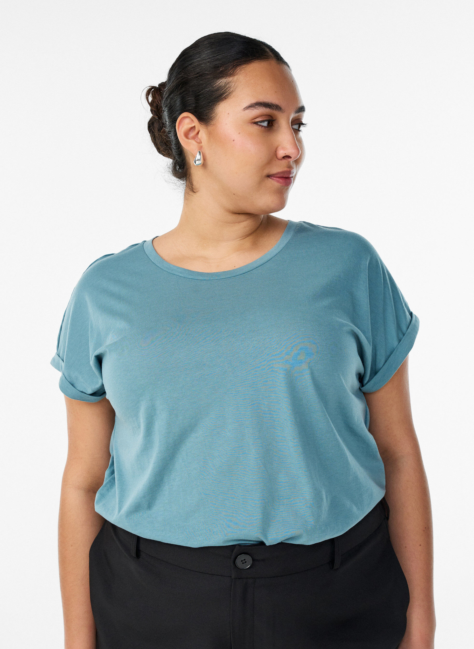 T-shirt &agrave; manches courtes en coton m&eacute;lang&eacute;, Bleu, Model