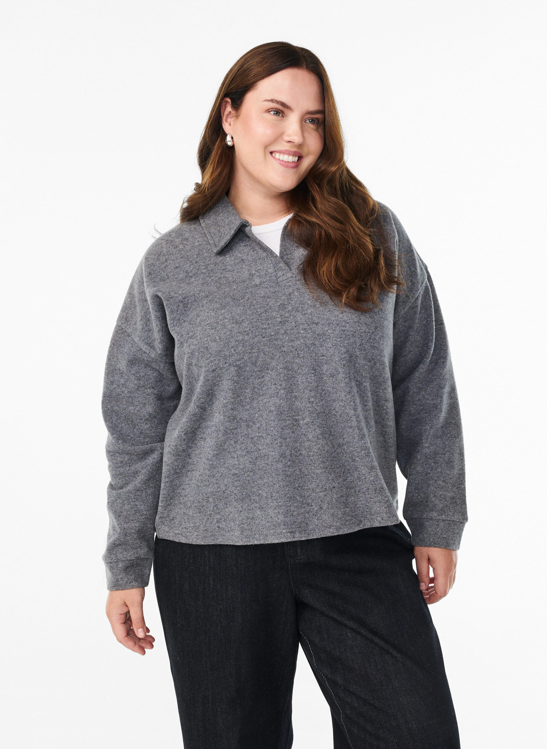Blouse en jersey avec col et d&eacute;collet&eacute; en V, Gris anthracite, Model