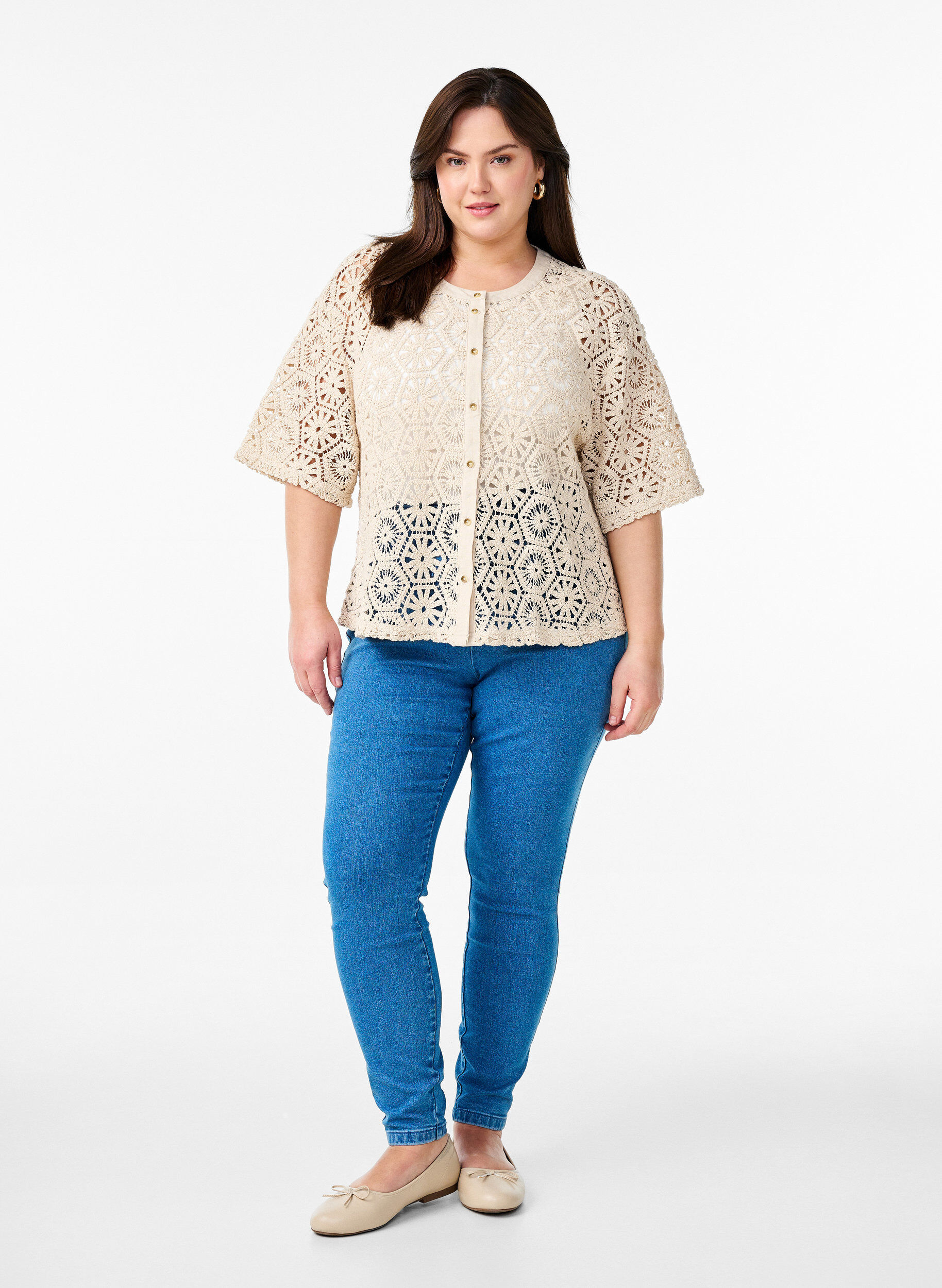 Zizzi Cardigan court en crochet, Beige, Model image number 1