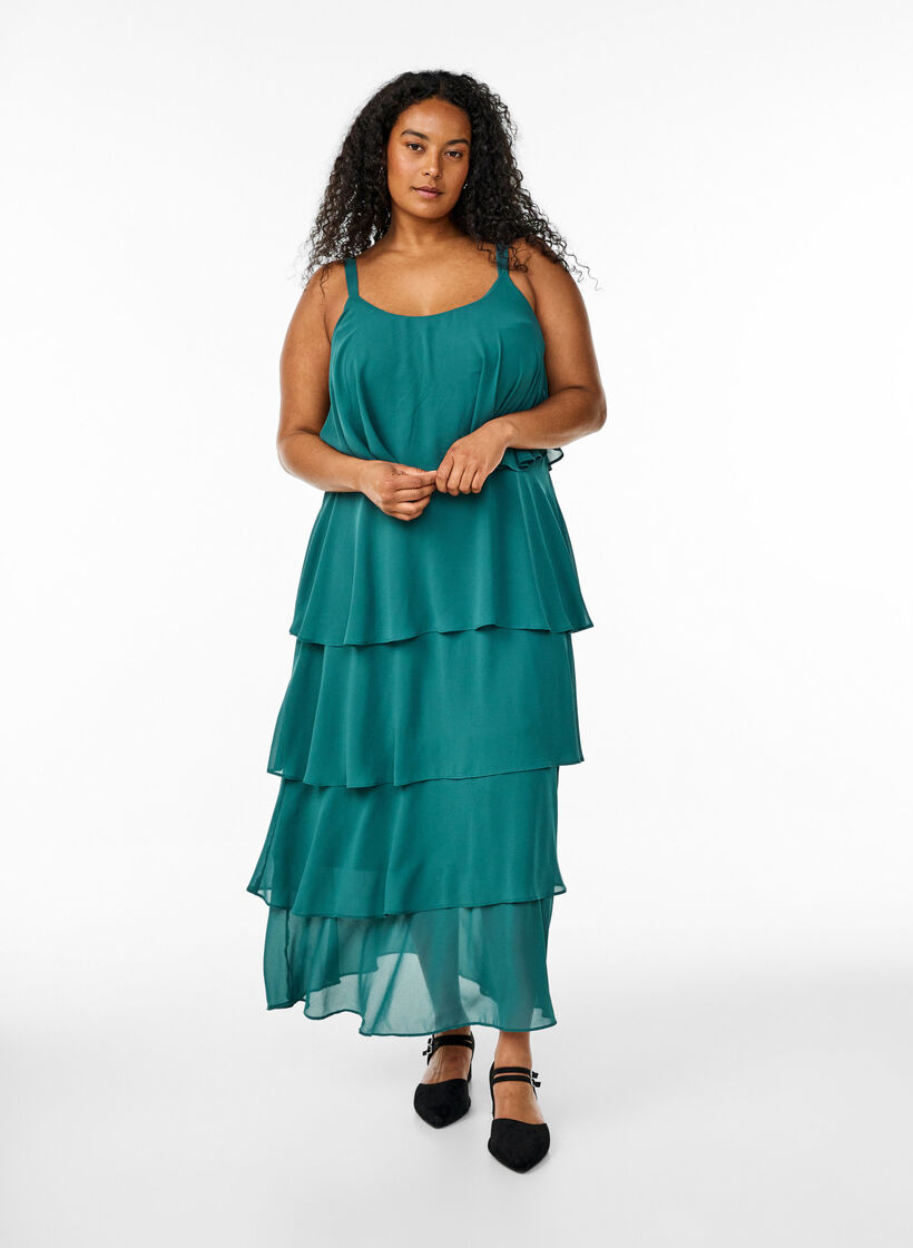Robe maxi avec plusieurs couches de volants et cape amovible, Vert foncé, Model image number 0