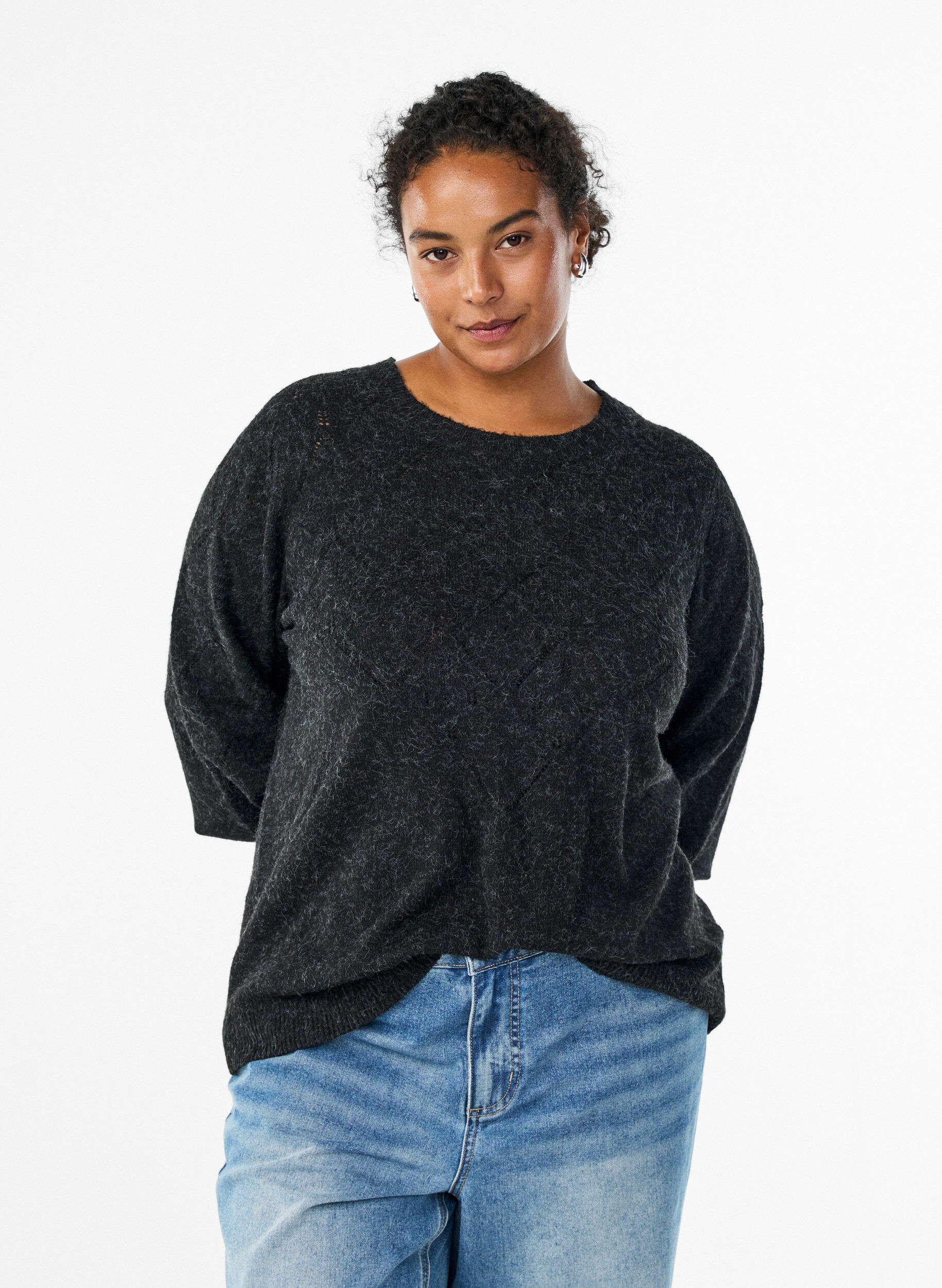 Haut en maille &agrave; motif ajour&eacute; et manches ballon, Gris anthracite, Model