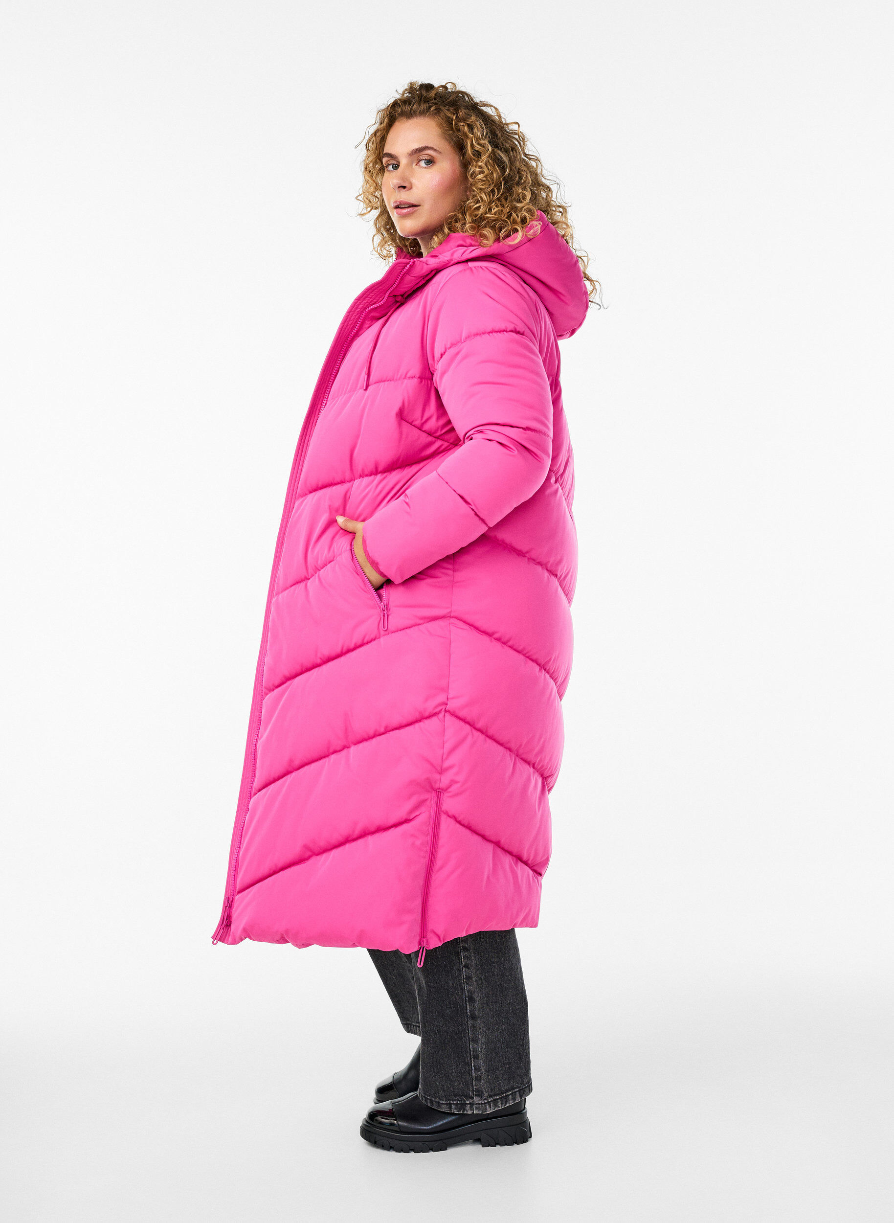 ZizziDoudoune longue avec capuche et poches, Rose, Model image number 2