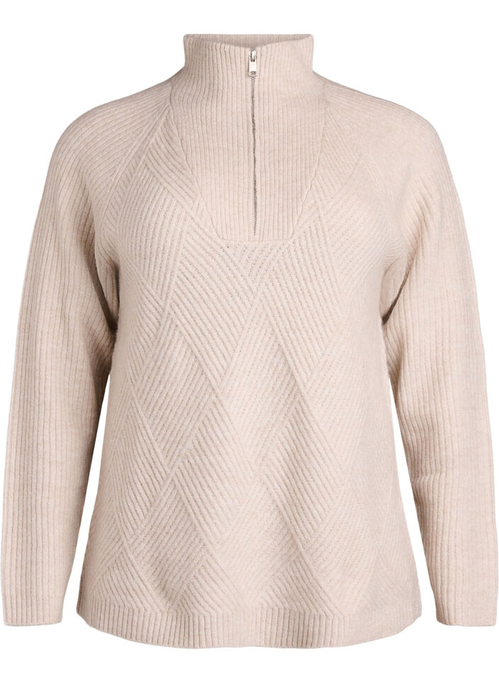 Pull en maille à col montant et motif arlequin, Beige, Packshot