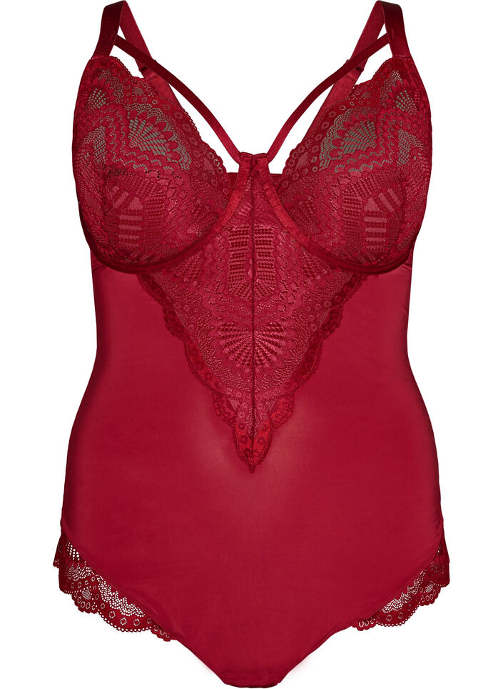 Body en dentelle &agrave; armatures avec d&eacute;tails de lani&egrave;res, Rouge, Packshot image number 0