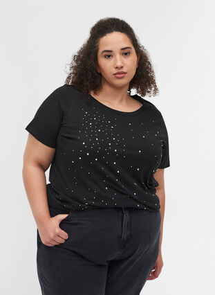 T-shirt en coton bio avec rivets, Black, Model image number 0