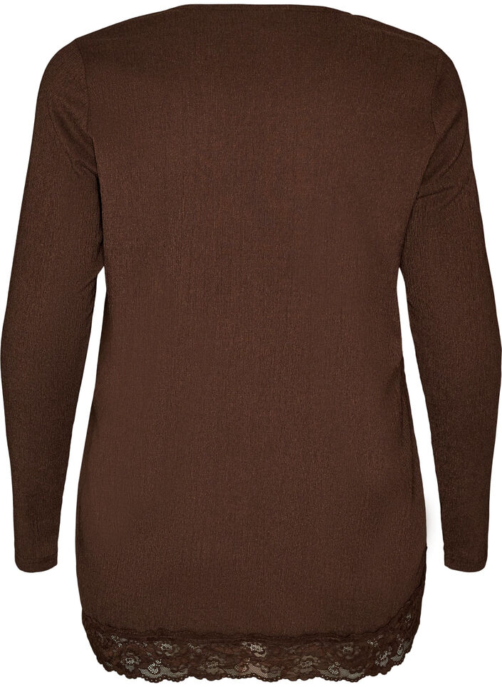 Blouse en jersey avec bordure en dentelle asym&eacute;trique, Marron, Packshot image number 1