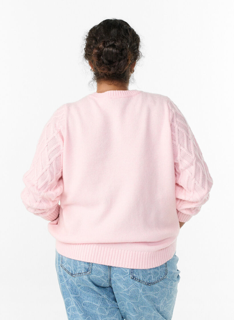 Blouse en maille avec motif torsadé et col rond, Rose, Model image number 2