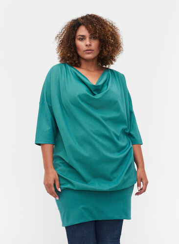 Tunique de couleur unie à manches 3/4, Teal Green Melange, Model image number 0