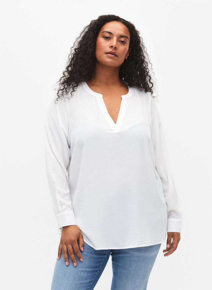 Blouse à manches longues avec détails en dentelle , Bright White, Model image number 0