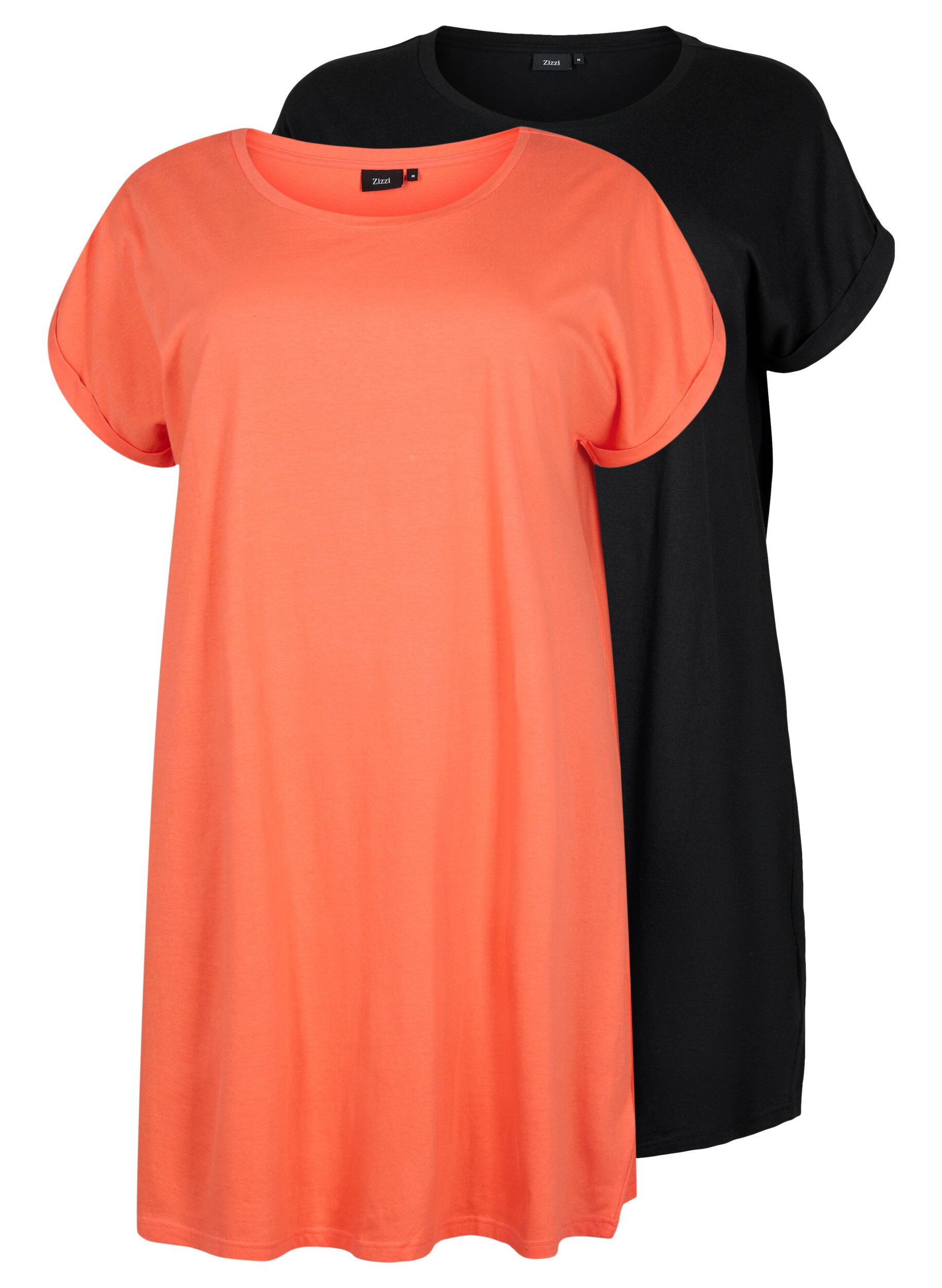 Zizzi Robe en coton &agrave; manches courtes (2-pack), Living Coral / Black, Packshot image number 0