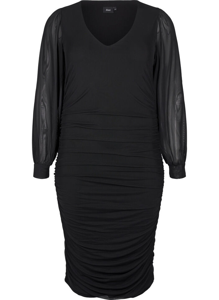 Robe midi en maille avec drapés, Black, Packshot image number 0