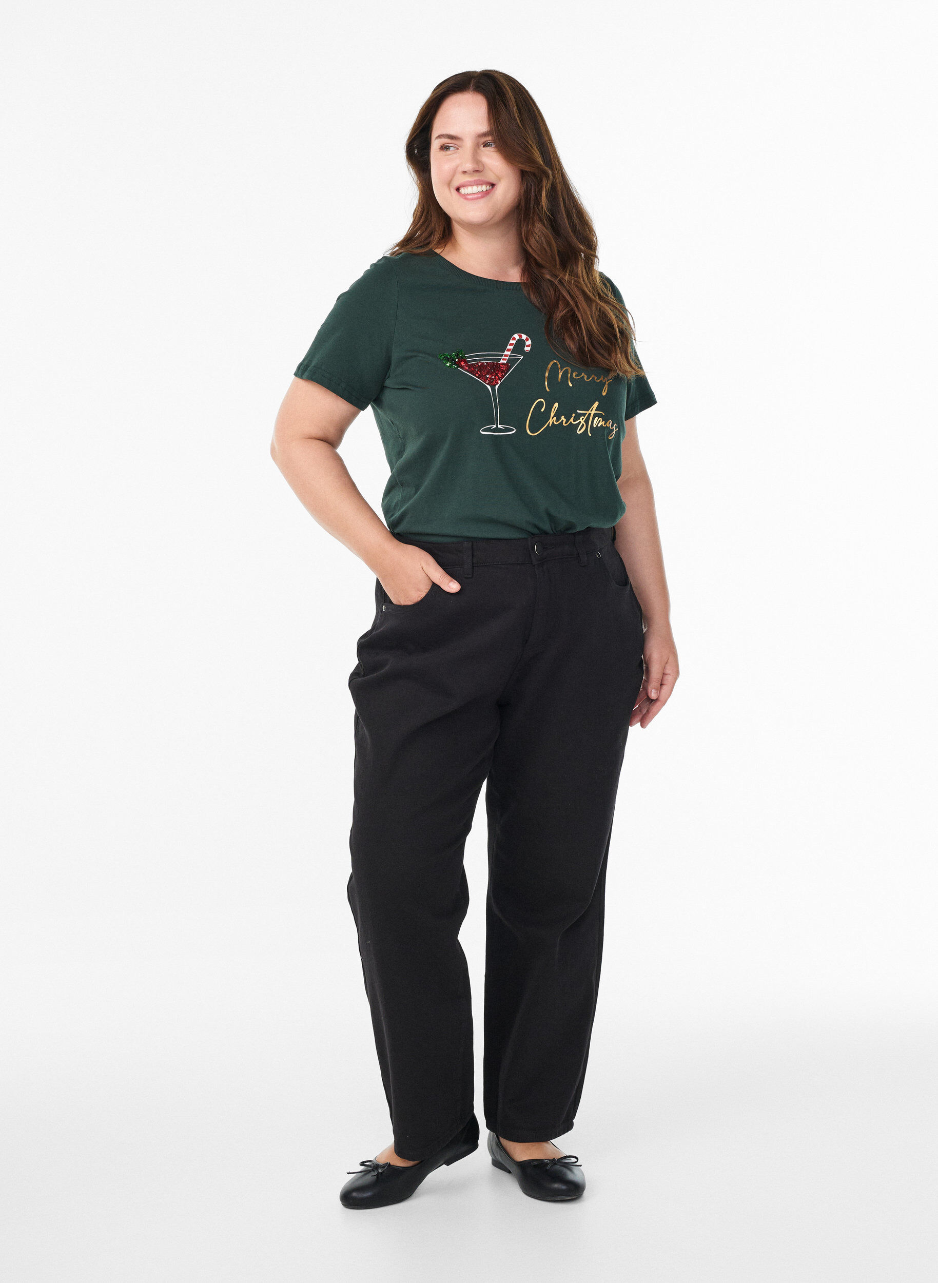 Zizzi T-shirt de No&euml;l en coton bio, Vert fonc&eacute;, Model image number 1