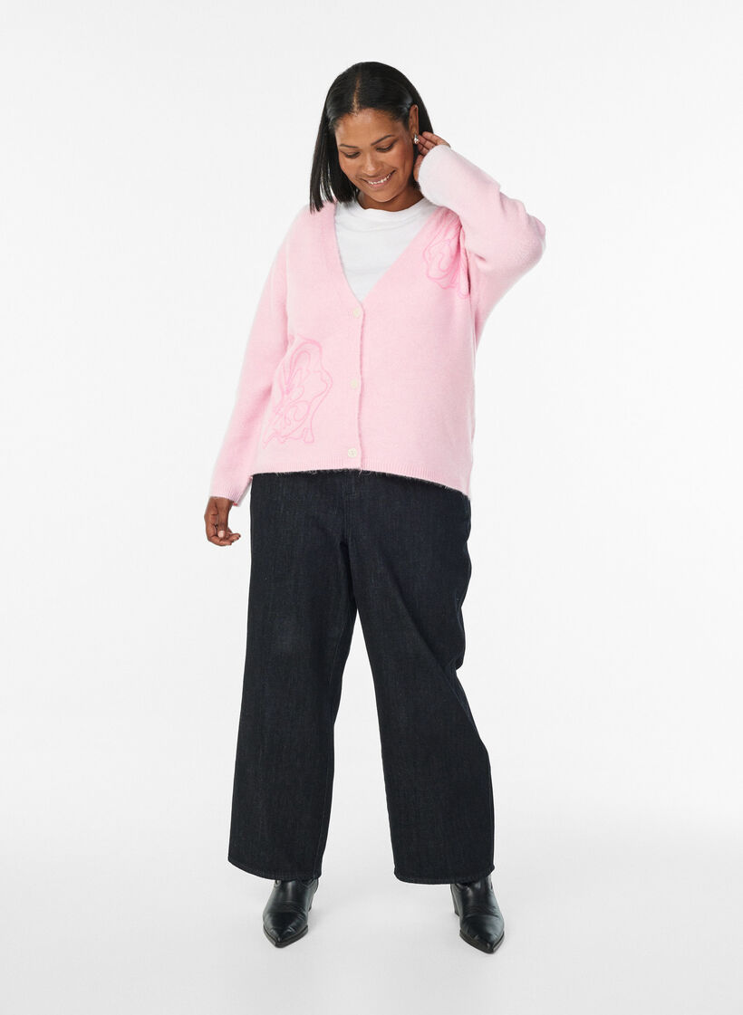 Cardigan avec col en V et fleurs brodées, Rose, Model image number 1