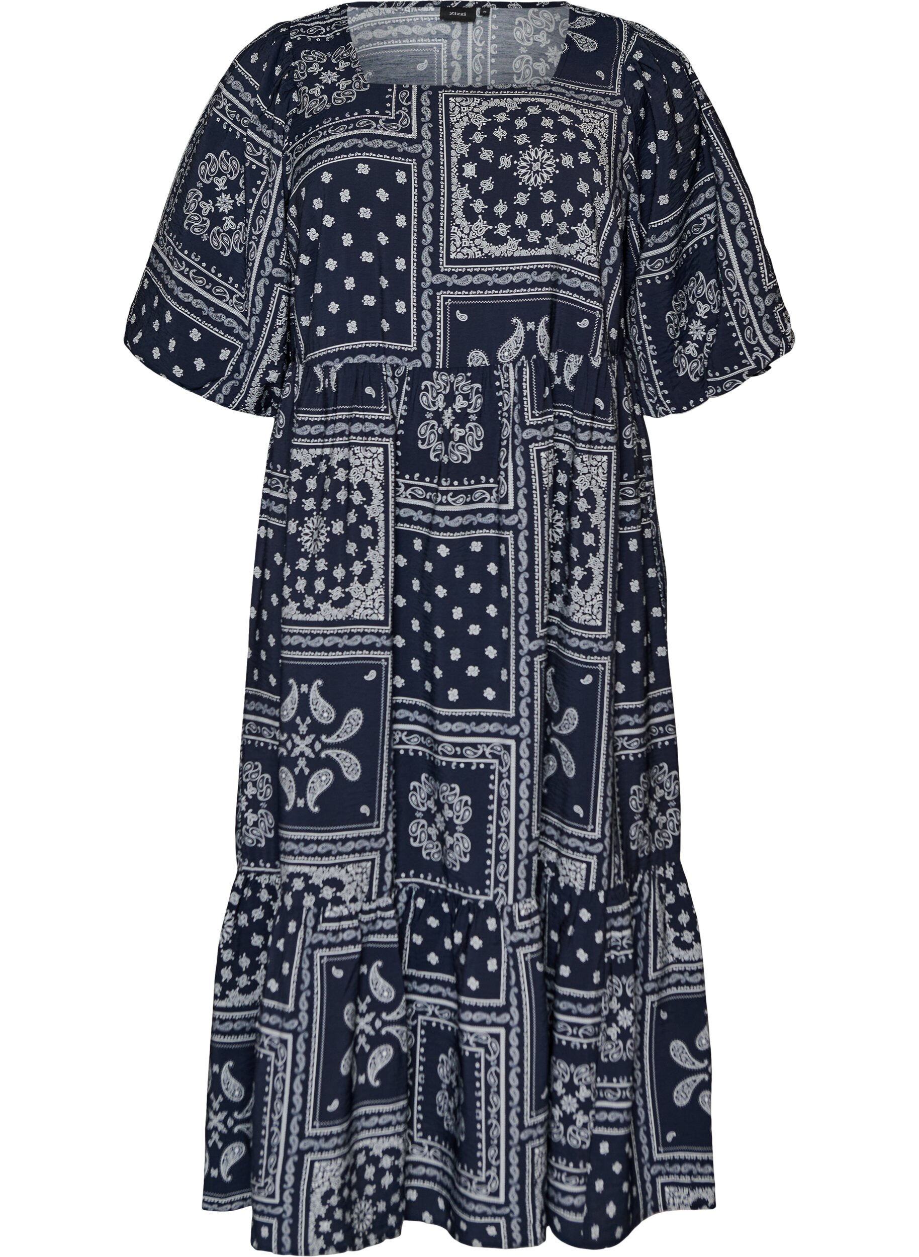 Robe longue en viscose avec un imprim&eacute; cachemire et des manches courtes