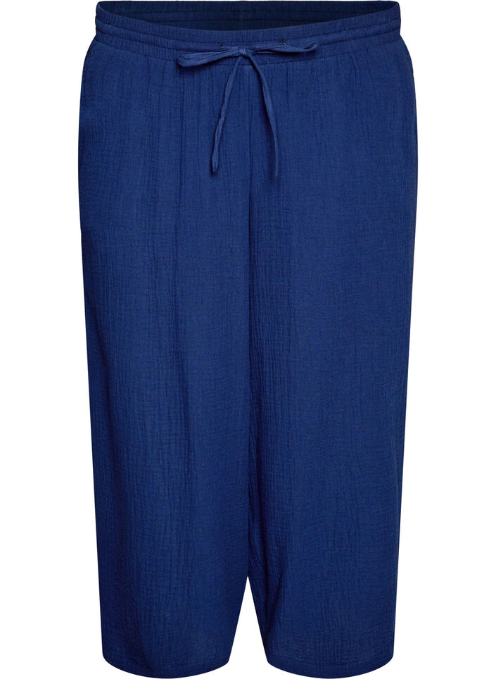 Pantalon culotte en mousseline de coton avec taille haute, Bleu, Packshot image number 0