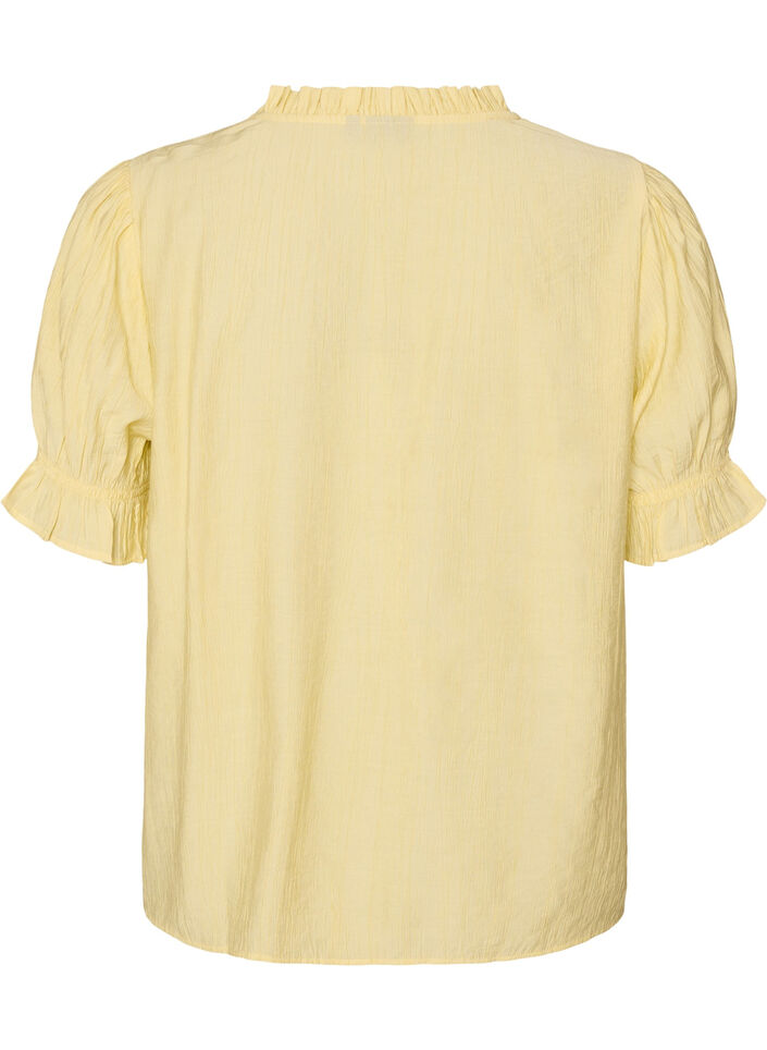 Blouse en m&eacute;lange de viscose textur&eacute;, avec manches courtes &agrave; volants, Jaune, Packshot image number 1