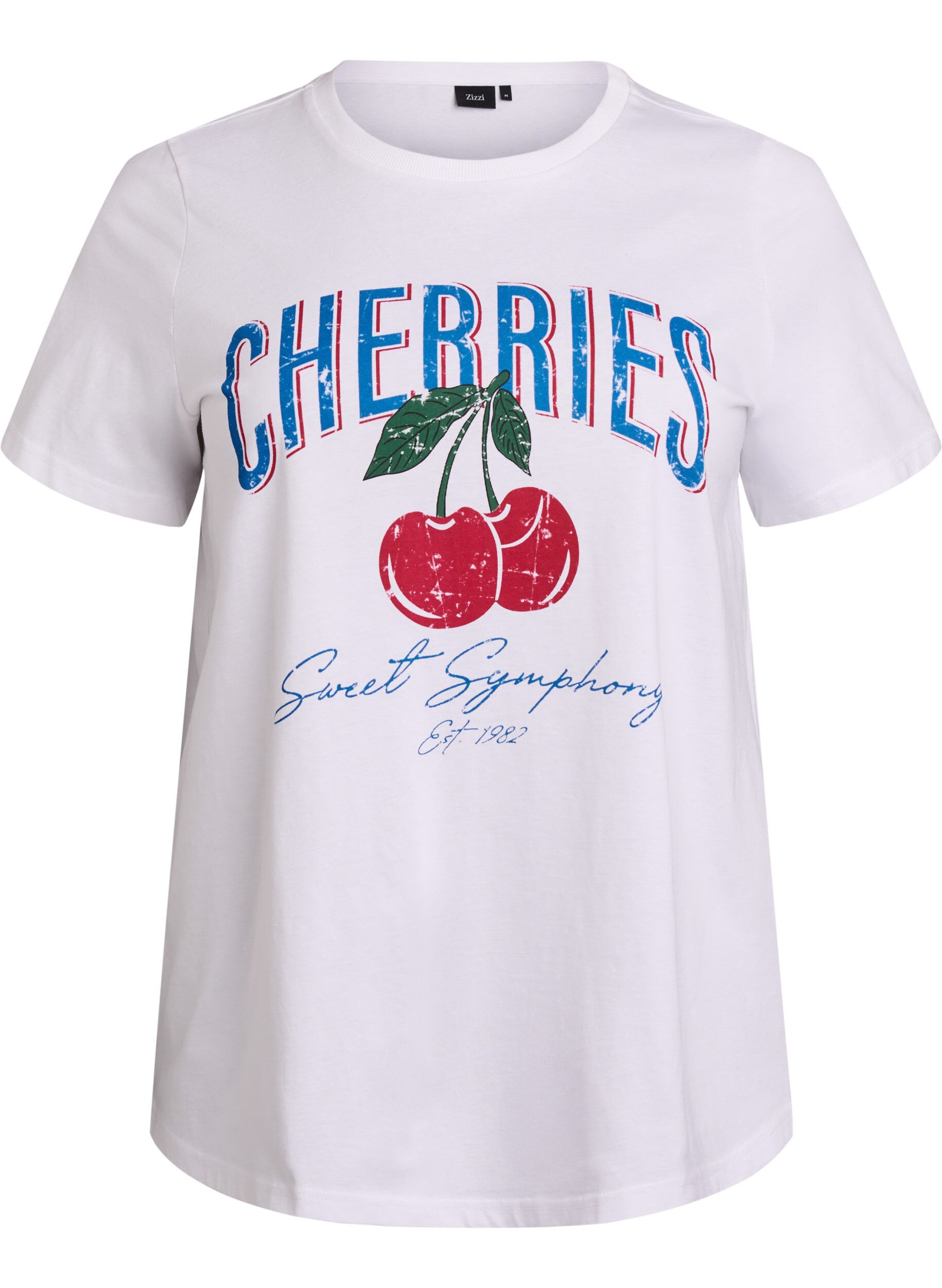 Zizzi T-shirt en coton avec imprim&eacute; fruits et texte, Blanc, Packshot image number 0