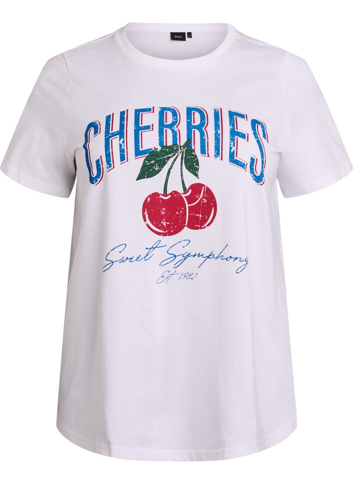 T-shirt en coton avec imprim&eacute; fruits et texte, Blanc, Packshot image number 0