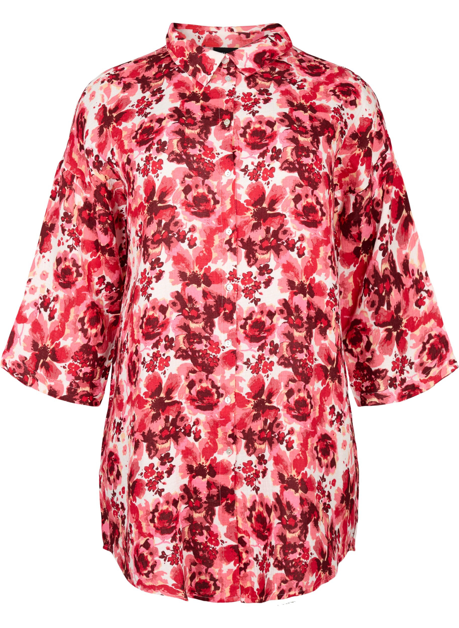 Zizzi Chemise longue enti&egrave;rement imprim&eacute;e, Pink AOP Flower, Packshot image number 0