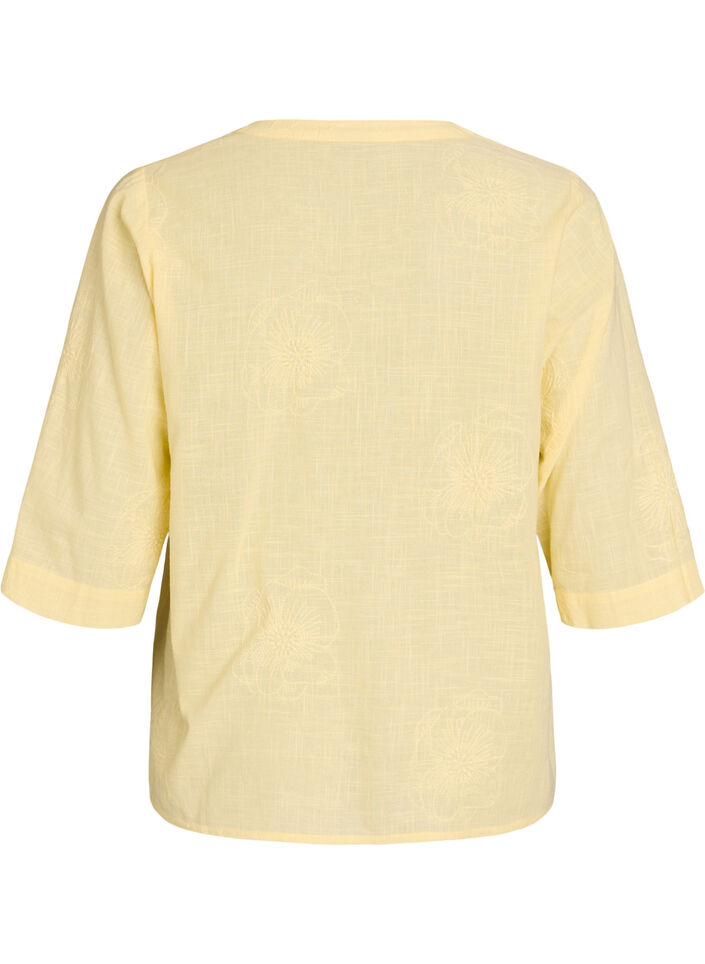 Blouse en coton avec d&eacute;tails brod&eacute;s et manches 3/4, Jaune clair, Packshot image number 1