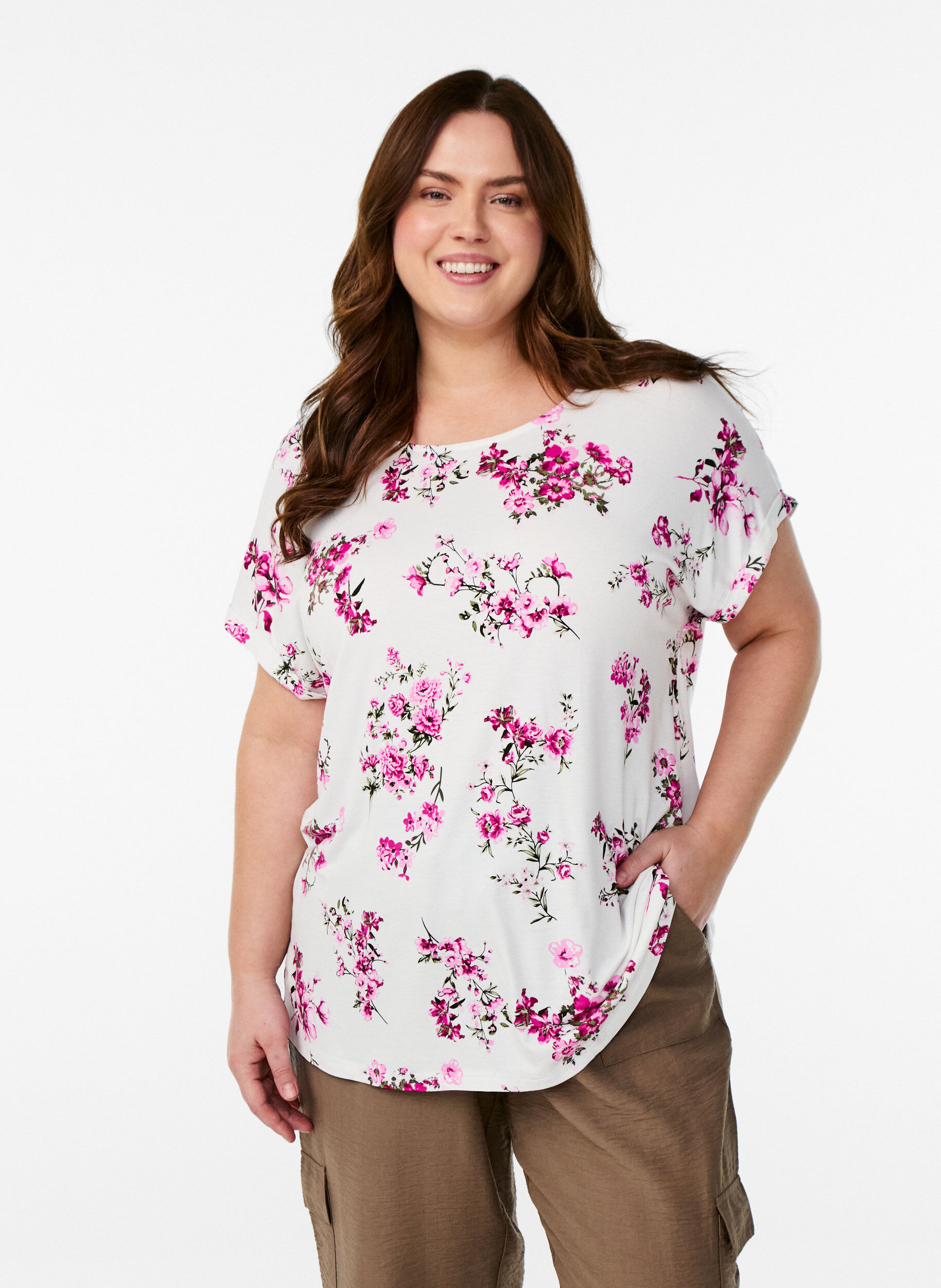 Zizzi T-shirt avec imprim&eacute; floral, Rose, Model image number 0